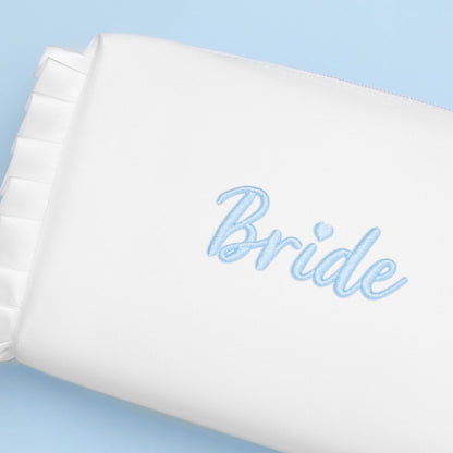Etercycle Bride Cosmetic Bag - White Satin Bridal Makeup Bag with Exquisite Blue Embroidery, Ruffle Toiletry Bag for Engagement Wedding Bridesmaid Bachelorette Party