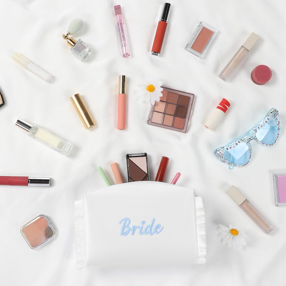 Etercycle Bride Cosmetic Bag - White Satin Bridal Makeup Bag with Exquisite Blue Embroidery, Ruffle Toiletry Bag for Engagement Wedding Bridesmaid Bachelorette Party - görsel 5