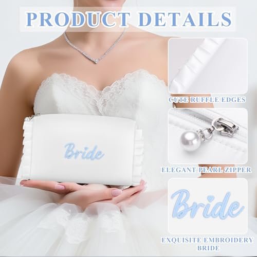 Etercycle Bride Cosmetic Bag - White Satin Bridal Makeup Bag with Exquisite Blue Embroidery, Ruffle Toiletry Bag for Engagement Wedding Bridesmaid Bachelorette Party - görsel 10