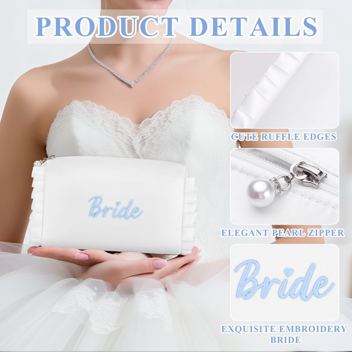 Etercycle Bride Cosmetic Bag - White Satin Bridal Makeup Bag with Exquisite Blue Embroidery, Ruffle Toiletry Bag for Engagement Wedding Bridesmaid Bachelorette Party - görsel 9