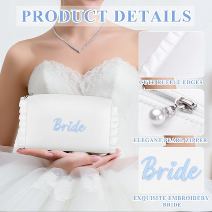 Etercycle Bride Cosmetic Bag - White Satin Bridal Makeup Bag with Exquisite Blue Embroidery, Ruffle Toiletry Bag for Engagement Wedding Bridesmaid Bachelorette Party