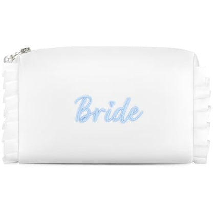 Etercycle Bride Cosmetic Bag - White Satin Bridal Makeup Bag with Exquisite Blue Embroidery, Ruffle Toiletry Bag for Engagement Wedding Bridesmaid Bachelorette Party