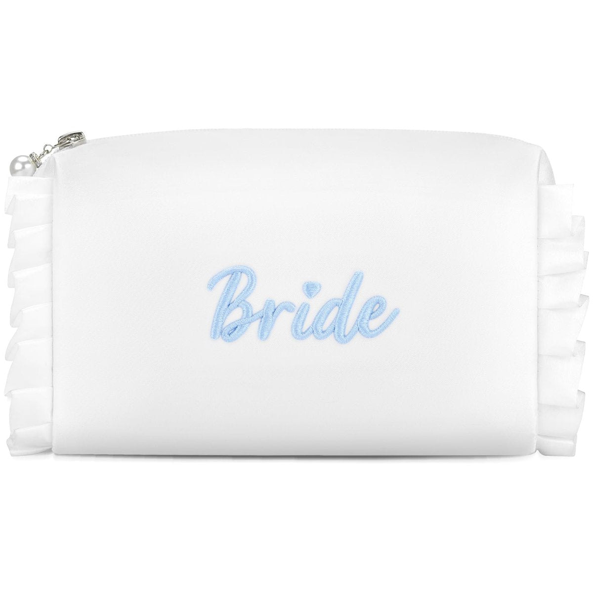 Etercycle Bride Cosmetic Bag - White Satin Bridal Makeup Bag with Exquisite Blue Embroidery, Ruffle Toiletry Bag for Engagement Wedding Bridesmaid Bachelorette Party - görsel 1