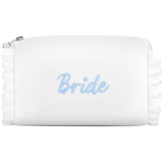 Etercycle Bride Cosmetic Bag - White Satin Bridal Makeup Bag with Exquisite Blue Embroidery, Ruffle Toiletry Bag for Engagement Wedding Bridesmaid Bachelorette Party