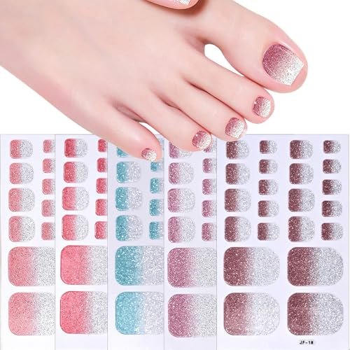5 Sheets 110 Pcs Gradient Glitter Toe Nail Polish Stickers Strips - Full Nail Wraps, 3D Shiny Colorful Gel Toe Nail Decals for Women Nails Decoration Avelisse