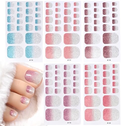 5 Sheets 110 Pcs Gradient Glitter Toe Nail Polish Stickers Strips - Full Nail Wraps, 3D Shiny Colorful Gel Toe Nail Decals for Women Nails Decoration Avelisse