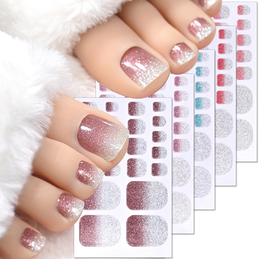5 Sheets 110 Pcs Gradient Glitter Toe Nail Polish Stickers Strips - Full Nail Wraps, 3D Shiny Colorful Gel Toe Nail Decals for Women Nails Decoration Avelisse