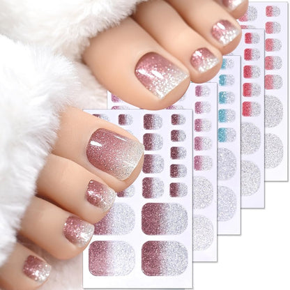 5 Sheets 110 Pcs Gradient Glitter Toe Nail Polish Stickers Strips - Full Nail Wraps, 3D Shiny Colorful Gel Toe Nail Decals for Women Nails Decoration Avelisse