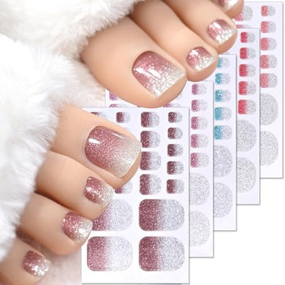 5 Sheets 110 Pcs Gradient Glitter Toe Nail Polish Stickers Strips - Full Nail Wraps, 3D Shiny Colorful Gel Toe Nail Decals for Women Nails Decoration Avelisse