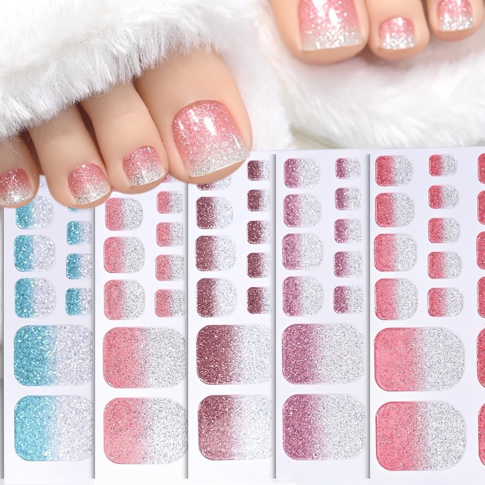 5 Sheets 110 Pcs Gradient Glitter Toe Nail Polish Stickers Strips - Full Nail Wraps, 3D Shiny Colorful Gel Toe Nail Decals for Women Nails Decoration Avelisse