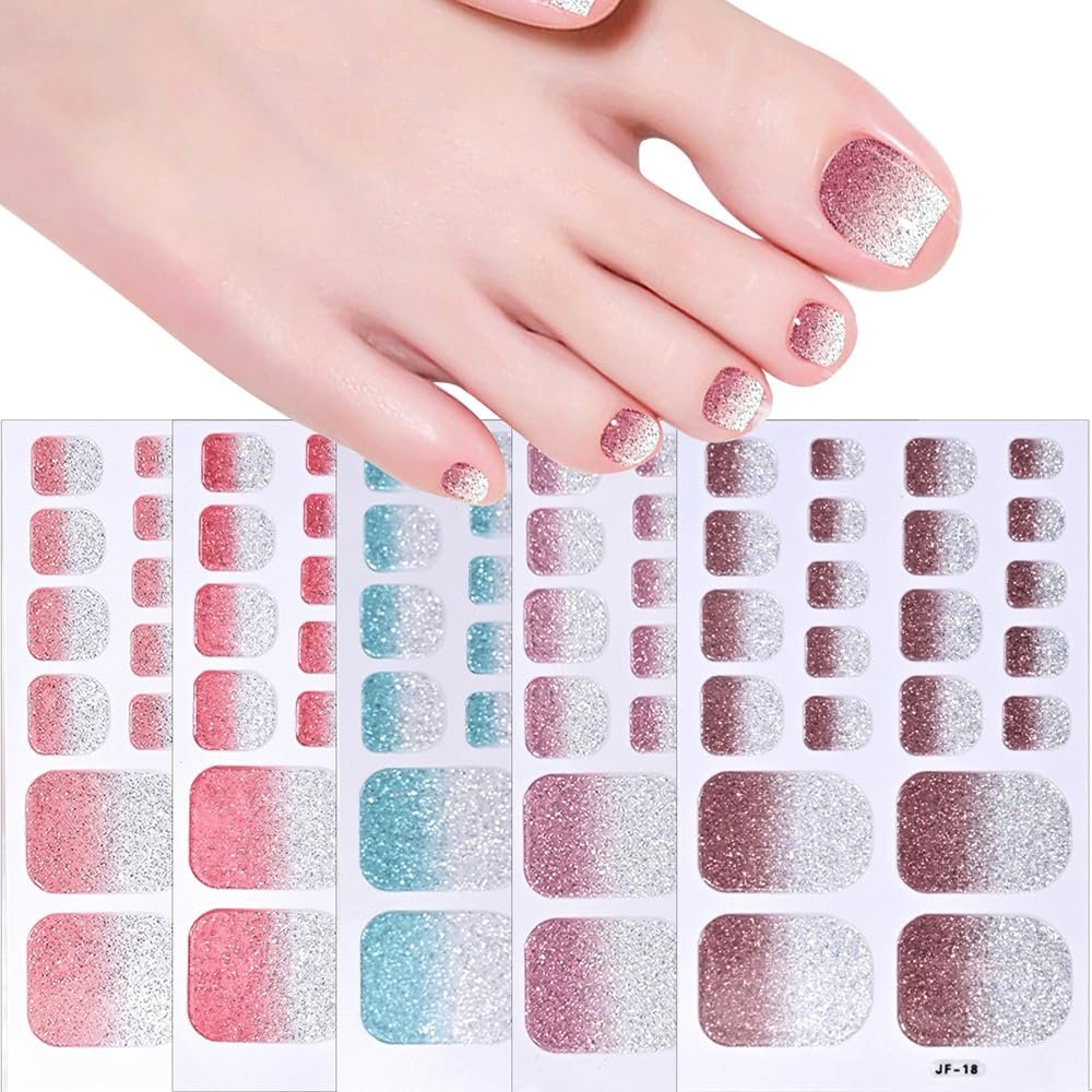 5 Sheets 110 Pcs Gradient Glitter Toe Nail Polish Stickers Strips - Full Nail Wraps, 3D Shiny Colorful Gel Toe Nail Decals for Women Nails Decoration Avelisse