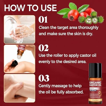 Tiepetly Castor Oil Roll On - 100% Pure & Cold-Pressed Organic Castor Oil, Hexane Free, Moisturizing Skin Roller for Hands, Joints, Waist & Body, 1 Fl Oz Glass Bottle