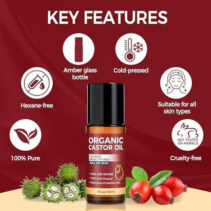 Tiepetly Castor Oil Roll On - 100% Pure & Cold-Pressed Organic Castor Oil, Hexane Free, Moisturizing Skin Roller for Hands, Joints, Waist & Body, 1 Fl Oz Glass Bottle
