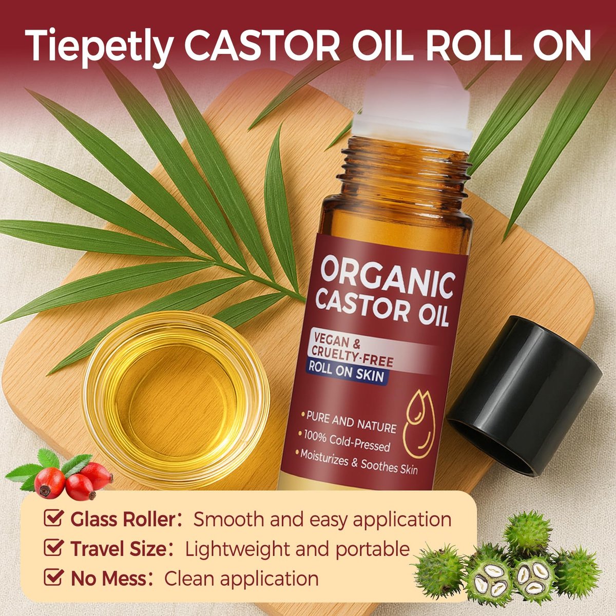 Tiepetly Castor Oil Roll On - 100% Pure & Cold-Pressed Organic Castor Oil, Hexane Free, Moisturizing Skin Roller for Hands, Joints, Waist & Body, 1 Fl Oz Glass Bottle - görsel 11