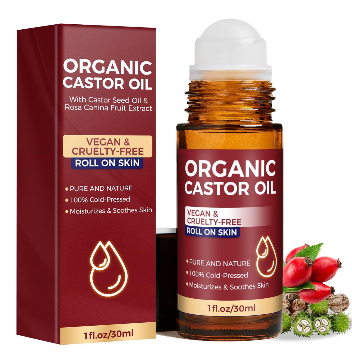 Tiepetly Castor Oil Roll On - 100% Pure & Cold-Pressed Organic Castor Oil, Hexane Free, Moisturizing Skin Roller for Hands, Joints, Waist & Body, 1 Fl Oz Glass Bottle - görsel 1