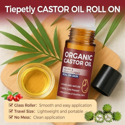Tiepetly Castor Oil Roll On - 100% Pure & Cold-Pressed Organic Castor Oil, Hexane Free, Moisturizing Skin Roller for Hands, Joints, Waist & Body, 1 Fl Oz Glass Bottle