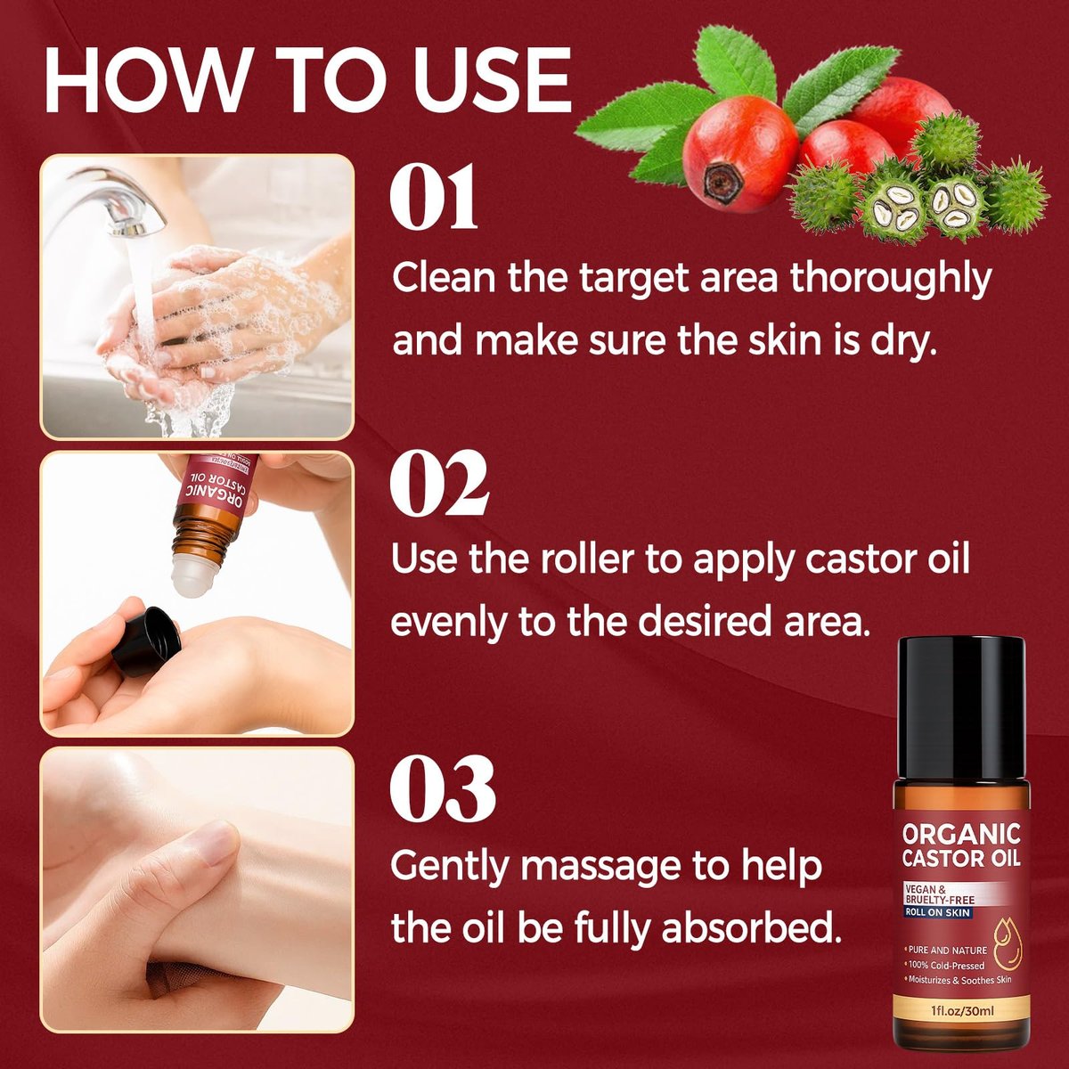 Tiepetly Castor Oil Roll On - 100% Pure & Cold-Pressed Organic Castor Oil, Hexane Free, Moisturizing Skin Roller for Hands, Joints, Waist & Body, 1 Fl Oz Glass Bottle - görsel 9