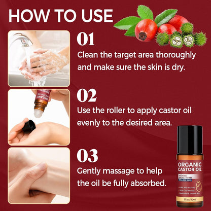 Tiepetly Castor Oil Roll On - 100% Pure & Cold-Pressed Organic Castor Oil, Hexane Free, Moisturizing Skin Roller for Hands, Joints, Waist & Body, 1 Fl Oz Glass Bottle
