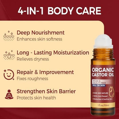 Tiepetly Castor Oil Roll On - 100% Pure & Cold-Pressed Organic Castor Oil, Hexane Free, Moisturizing Skin Roller for Hands, Joints, Waist & Body, 1 Fl Oz Glass Bottle