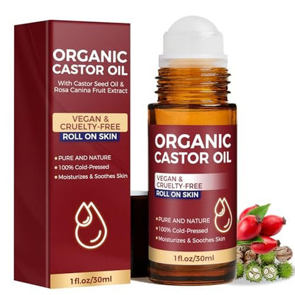 Tiepetly Castor Oil Roll On - 100% Pure & Cold-Pressed Organic Castor Oil, Hexane Free, Moisturizing Skin Roller for Hands, Joints, Waist & Body, 1 Fl Oz Glass Bottle