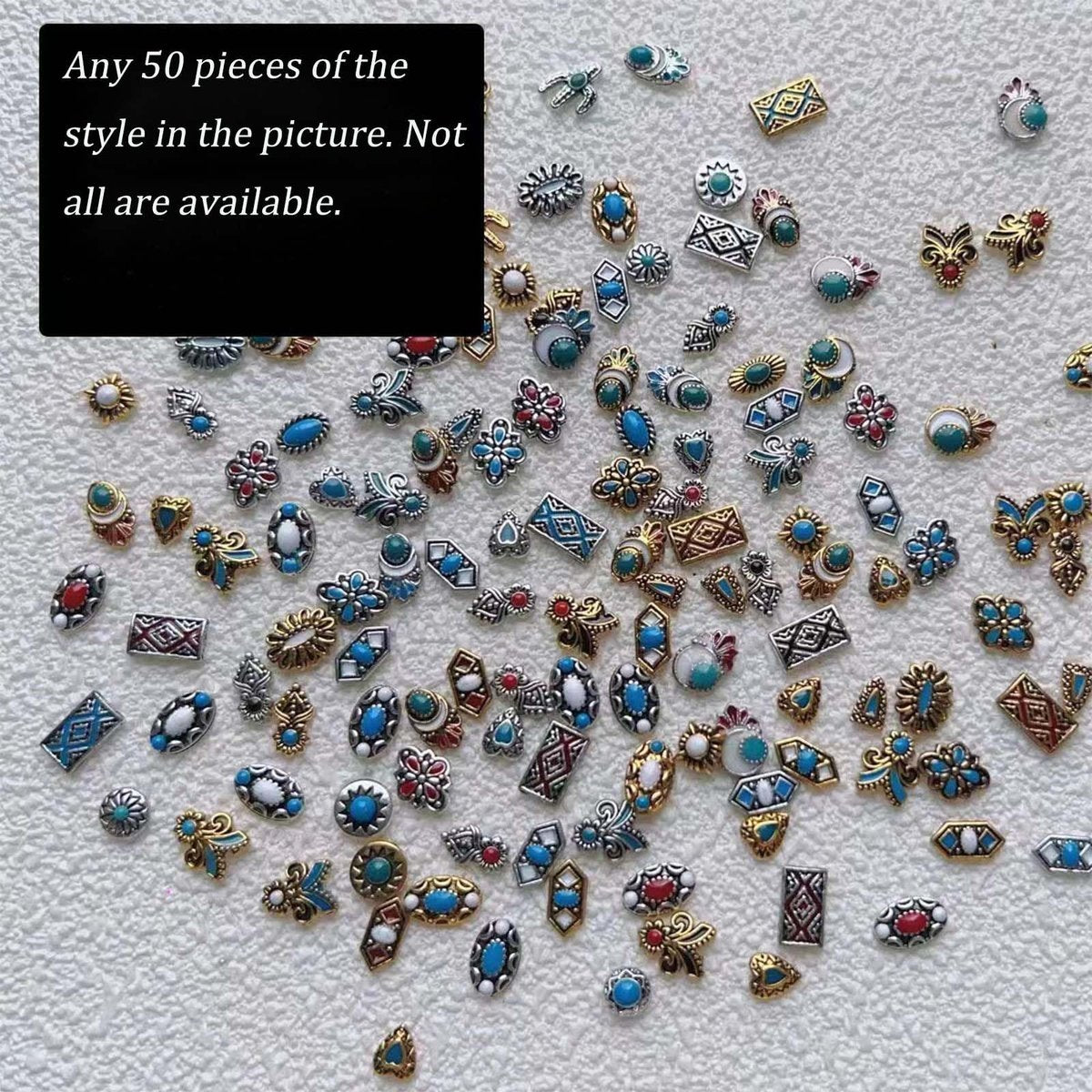 ONPRESS 50Pcs Colorful Rock Nail Charms - Retro Metal Bohemia Nail Art Charms with Turquoise Totem & Marble Gems for DIY Manicure - görsel 3