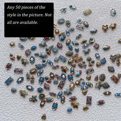 ONPRESS 50Pcs Colorful Rock Nail Charms - Retro Metal Bohemia Nail Art Charms with Turquoise Totem & Marble Gems for DIY Manicure