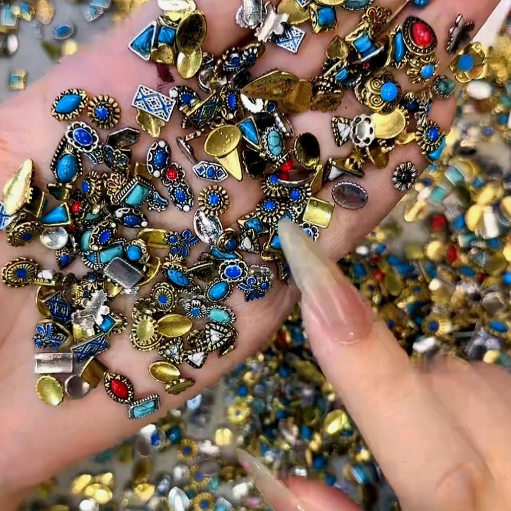 ONPRESS 50Pcs Colorful Rock Nail Charms - Retro Metal Bohemia Nail Art Charms with Turquoise Totem & Marble Gems for DIY Manicure - görsel 7