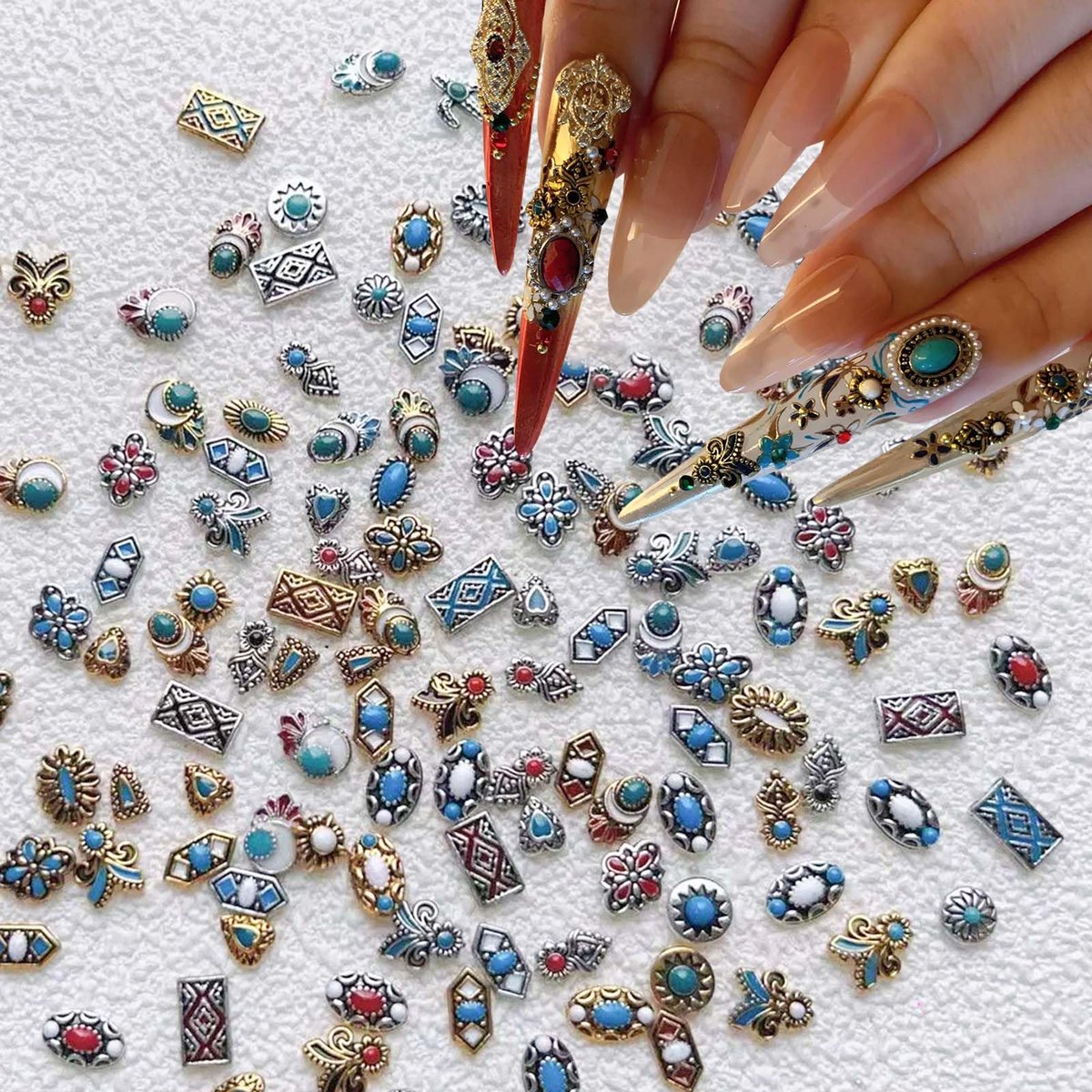 ONPRESS 50Pcs Colorful Rock Nail Charms - Retro Metal Bohemia Nail Art Charms with Turquoise Totem & Marble Gems for DIY Manicure - görsel 1