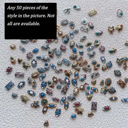 ONPRESS 50Pcs Colorful Rock Nail Charms - Retro Metal Bohemia Nail Art Charms with Turquoise Totem & Marble Gems for DIY Manicure - görsel 4