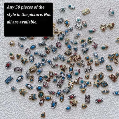 ONPRESS 50Pcs Colorful Rock Nail Charms - Retro Metal Bohemia Nail Art Charms with Turquoise Totem & Marble Gems for DIY Manicure