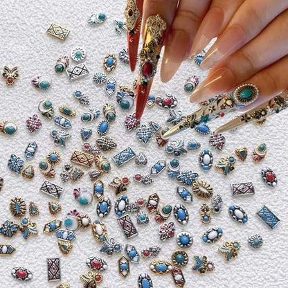 ONPRESS 50Pcs Colorful Rock Nail Charms - Retro Metal Bohemia Nail Art Charms with Turquoise Totem & Marble Gems for DIY Manicure