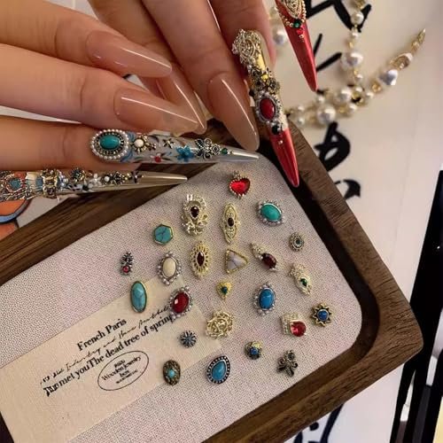 ONPRESS 50Pcs Colorful Rock Nail Charms - Retro Metal Bohemia Nail Art Charms with Turquoise Totem & Marble Gems for DIY Manicure - görsel 6