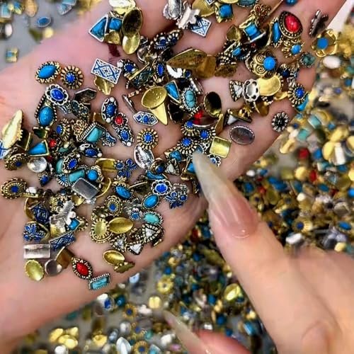 ONPRESS 50Pcs Colorful Rock Nail Charms - Retro Metal Bohemia Nail Art Charms with Turquoise Totem & Marble Gems for DIY Manicure - görsel 8