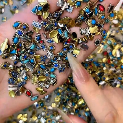ONPRESS 50Pcs Colorful Rock Nail Charms - Retro Metal Bohemia Nail Art Charms with Turquoise Totem & Marble Gems for DIY Manicure