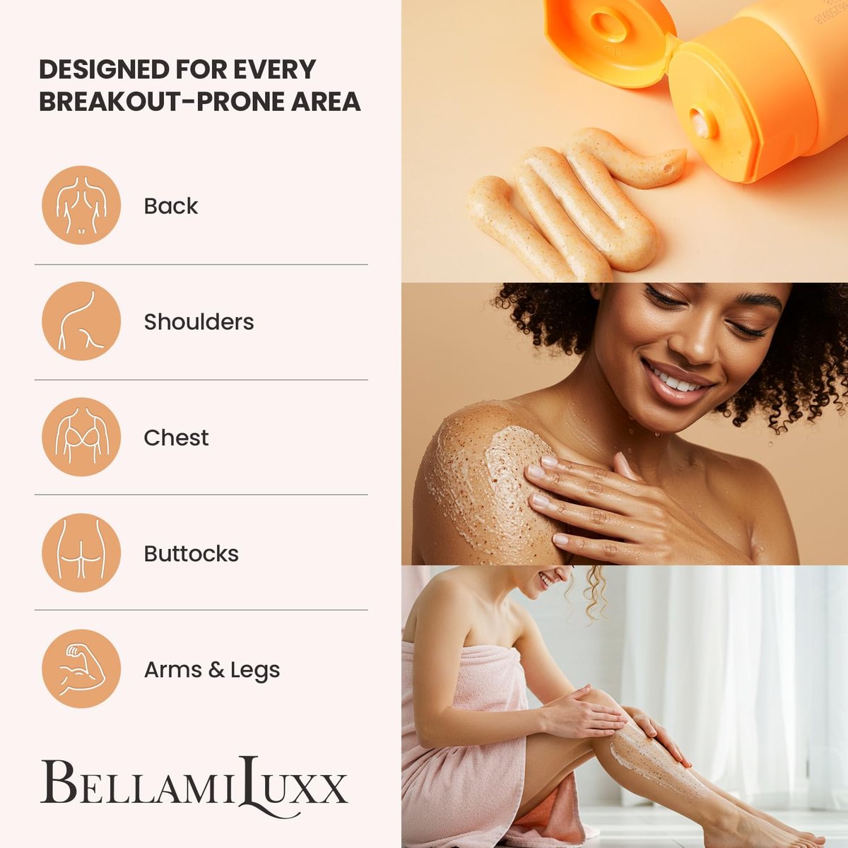 BellamiLuxx Body Acne Treatment Scrub - Helps Reduce Body Breakouts on Back, Chest, Butt & Thighs - Back Acne Treatment for Men, Women & Teens - Butt Acne Wash with Natural Actives for Smooth Skin Avelisse