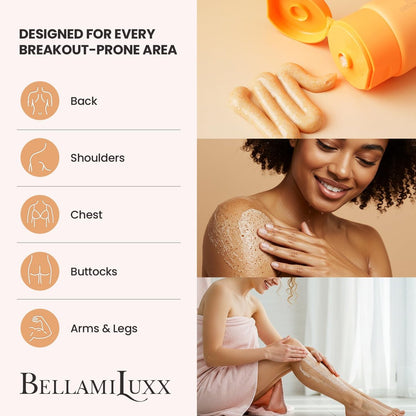 BellamiLuxx Body Acne Treatment Scrub - Helps Reduce Body Breakouts on Back, Chest, Butt & Thighs - Back Acne Treatment for Men, Women & Teens - Butt Acne Wash with Natural Actives for Smooth Skin Avelisse