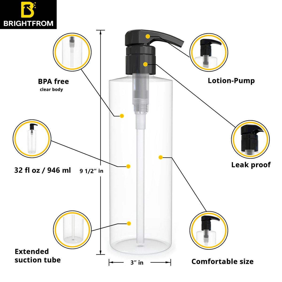 BRIGHTFROM Empty Shampoo Pump Bottle, 32 OZ / 1 Liter, BPA-Free Clear Cylinder Container with Black Pump - Leak Proof for Household & Commercial Use - görsel 3