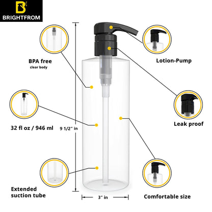 BRIGHTFROM Empty Shampoo Pump Bottle, 32 OZ / 1 Liter, BPA-Free Clear Cylinder Container with Black Pump - Leak Proof for Household & Commercial Use