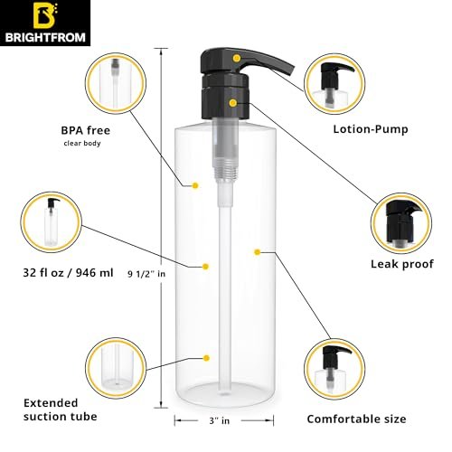 BRIGHTFROM Empty Shampoo Pump Bottle, 32 OZ / 1 Liter, BPA-Free Clear Cylinder Container with Black Pump - Leak Proof for Household & Commercial Use - görsel 4
