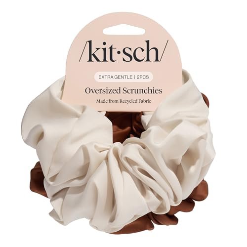 Kitsch Recycled Satin Oversized Scrunchies – Large Eco-Friendly Hair Ties for Women, Camel & Cream 2pc Set - görsel 2