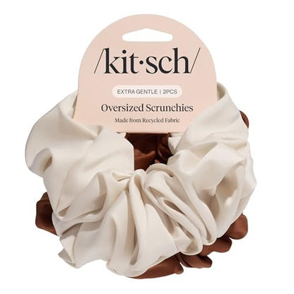 Kitsch Recycled Satin Oversized Scrunchies – Large Eco-Friendly Hair Ties for Women, Camel & Cream 2pc Set