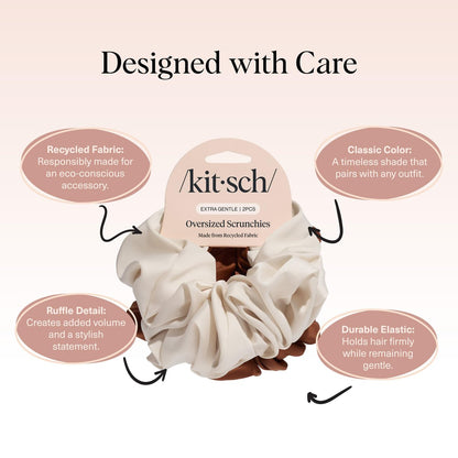 Kitsch Recycled Satin Oversized Scrunchies – Large Eco-Friendly Hair Ties for Women, Camel & Cream 2pc Set