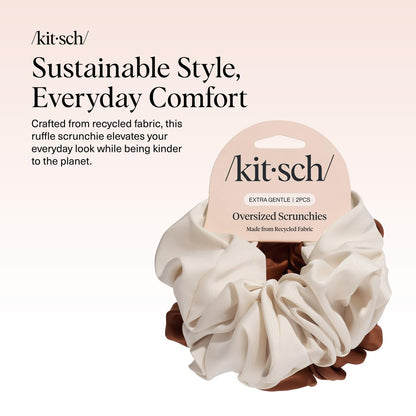 Kitsch Recycled Satin Oversized Scrunchies – Large Eco-Friendly Hair Ties for Women, Camel & Cream 2pc Set