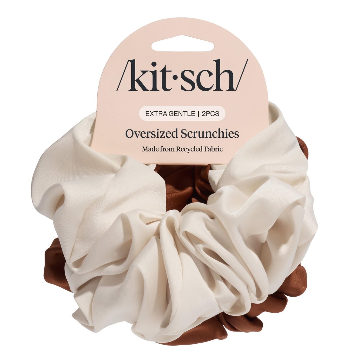 Kitsch Recycled Satin Oversized Scrunchies – Large Eco-Friendly Hair Ties for Women, Camel & Cream 2pc Set - görsel 1