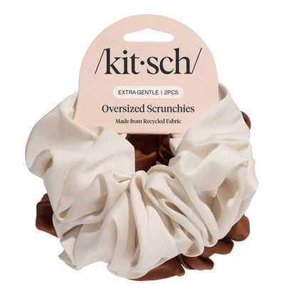 Kitsch Recycled Satin Oversized Scrunchies – Large Eco-Friendly Hair Ties for Women, Camel & Cream 2pc Set