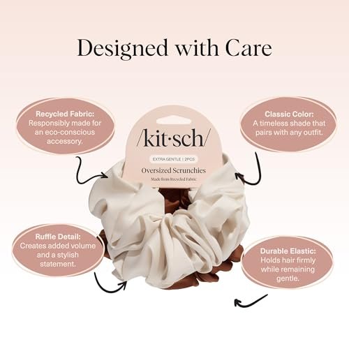 Kitsch Recycled Satin Oversized Scrunchies – Large Eco-Friendly Hair Ties for Women, Camel & Cream 2pc Set - görsel 8