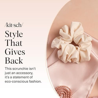 Kitsch Recycled Satin Oversized Scrunchies – Large Eco-Friendly Hair Ties for Women, Camel & Cream 2pc Set