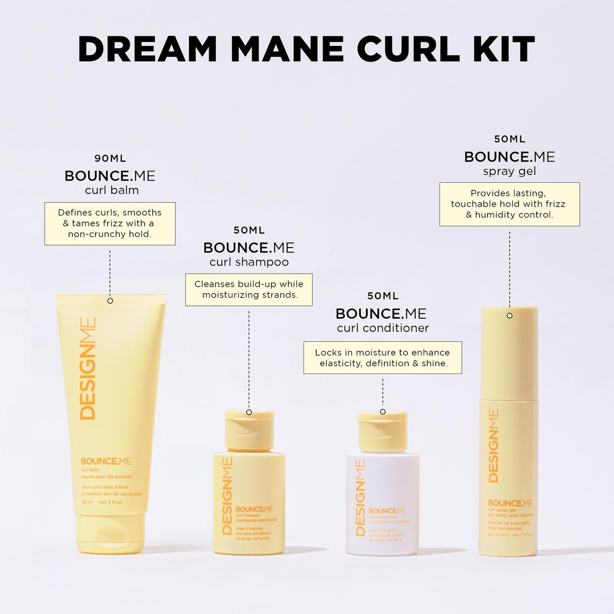DESIGNME BOUNCE.ME Curl Kit: Curl Cream, Shampoo & Conditioner, Curl Gel – Holiday Gift Set for Defined, Hydrated Curls & Coils Avelisse