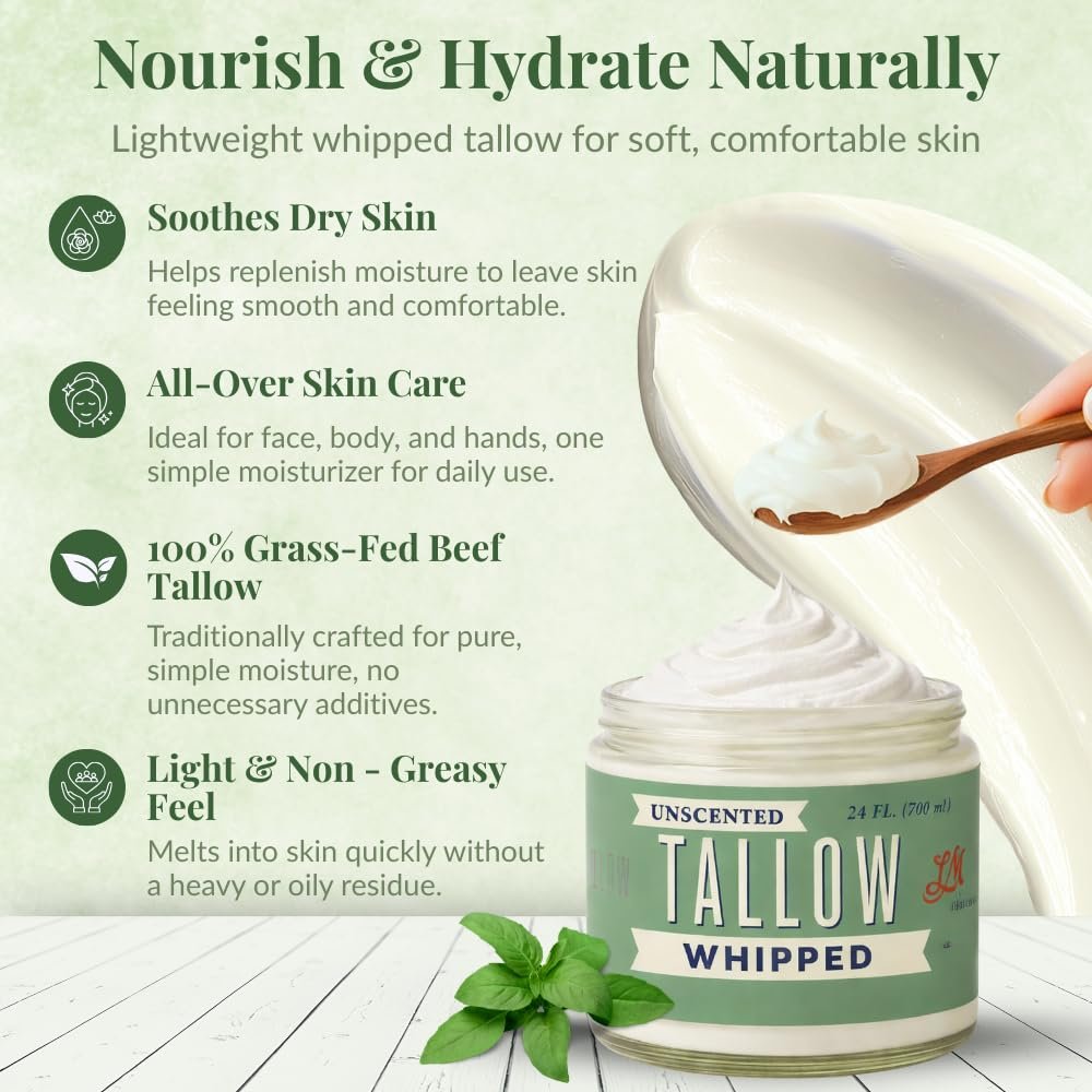 Lady May Tallow Whipped Tallow 24oz - All Natural Face Cream & Body Moisturizer for Dry Skin - No Preservatives, Parabens or Seed Oils - 100% Pure, Unscented - USA Made Avelisse