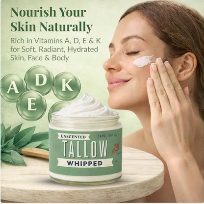Lady May Tallow Whipped Tallow 24oz - All Natural Face Cream & Body Moisturizer for Dry Skin - No Preservatives, Parabens or Seed Oils - 100% Pure, Unscented - USA Made Avelisse